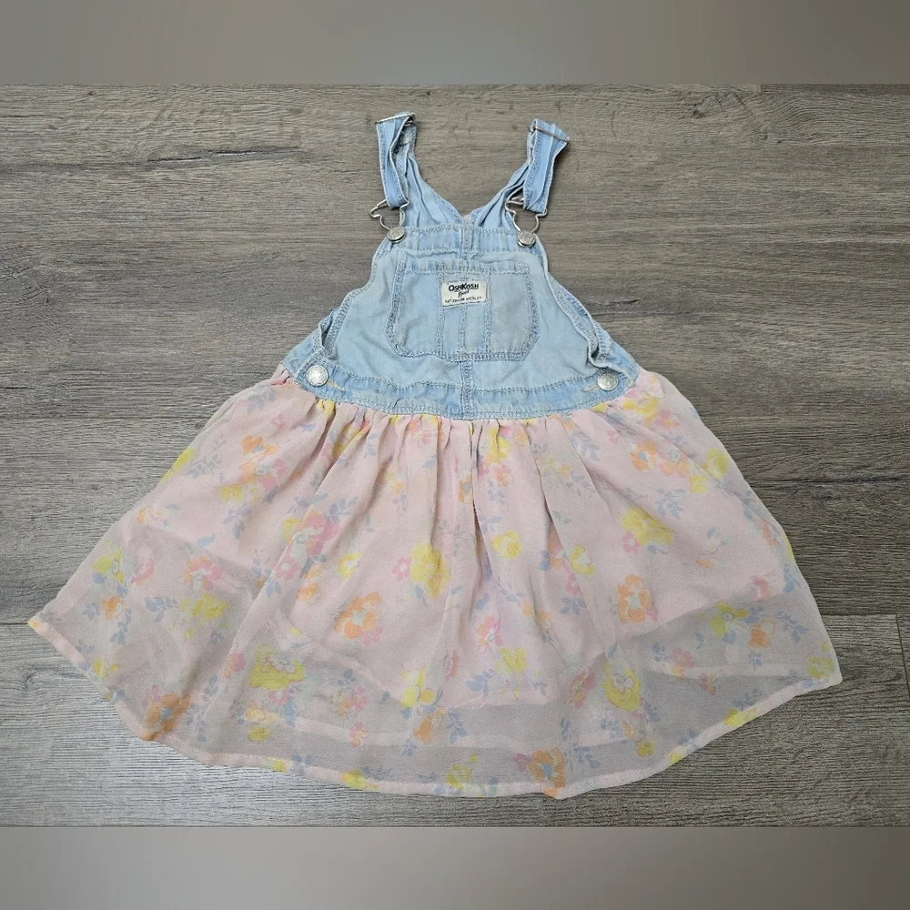 Osh Kosh Girls Blue Jean Overalls Dress Floral Lightweight 5T Spring Easter